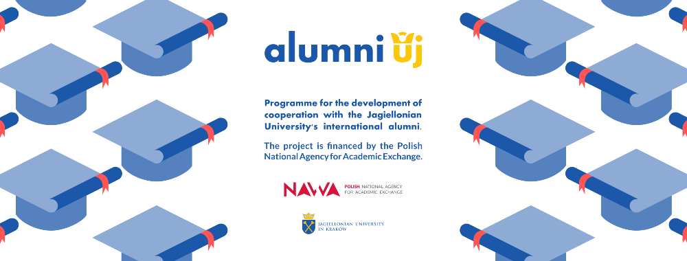 Banner reklamowy promujący projekt Alumni UJ zawierający logotyp. 