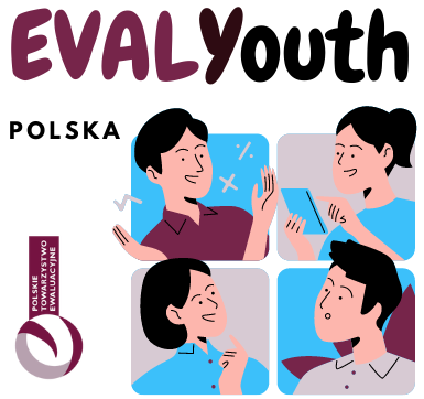 Logotyp EvalYouth Polska - cztery rysunkowe osoby rozmawiające ze sobą